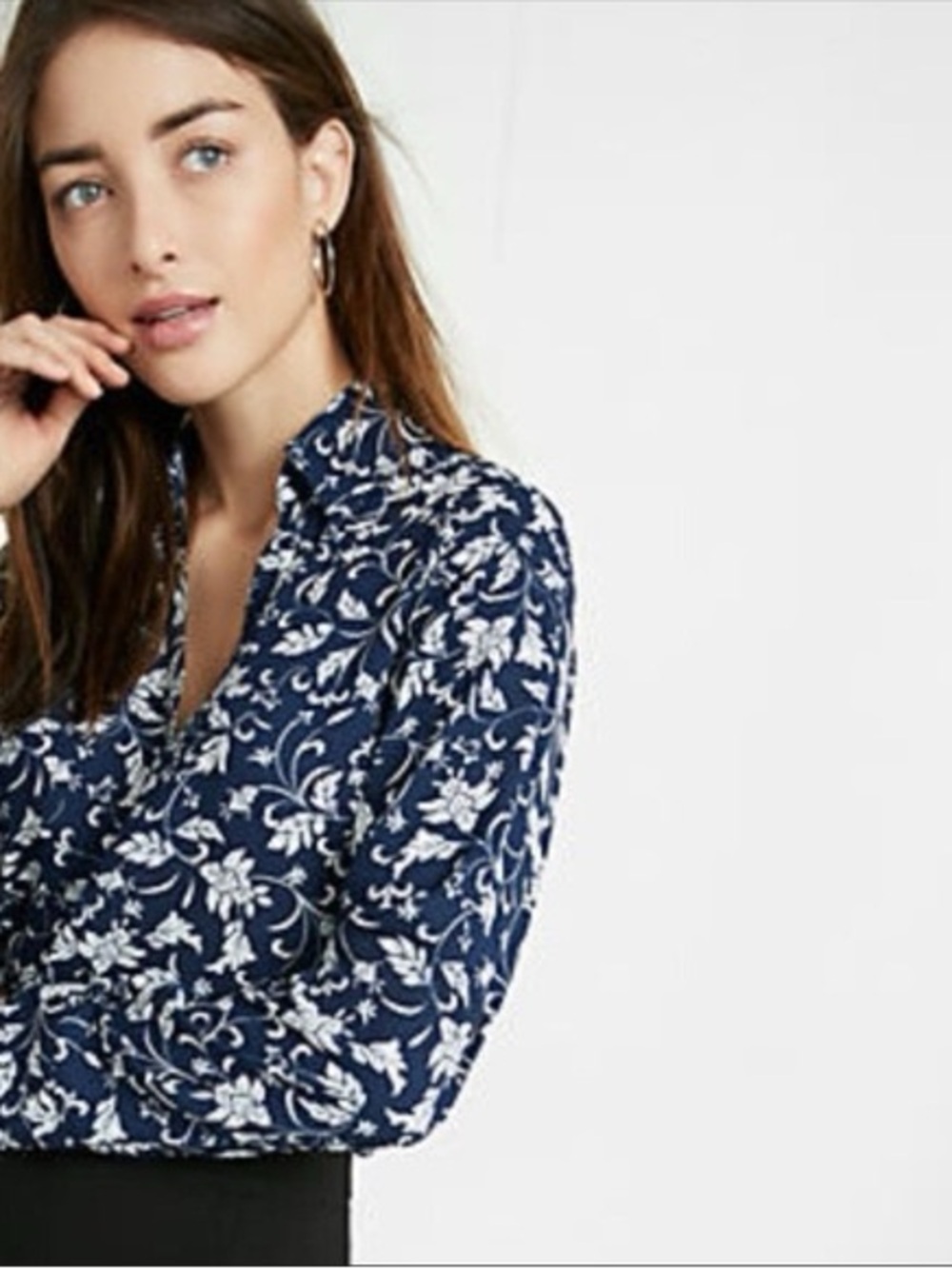Express Slim-Fit Navy and White Floral Button-Down Shirt